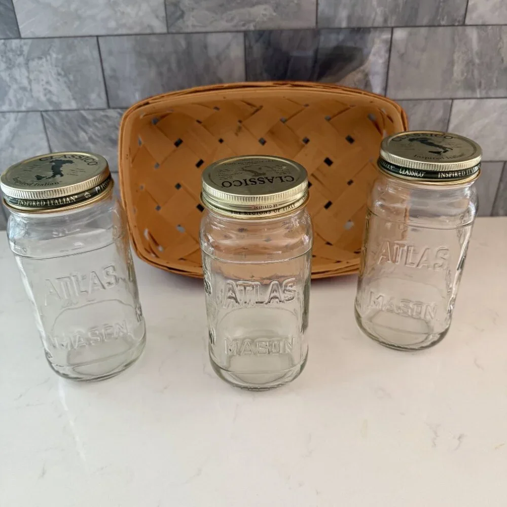 Vtg Farmhouse Split Slat Wood Woven Red Ribbon Basket w 20 oz Atlas Mason Jars